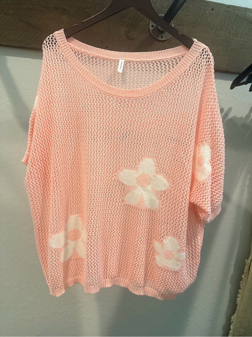 Dokotoo Women’s Off-the-Shoulder Pink Floral Mesh Sweater